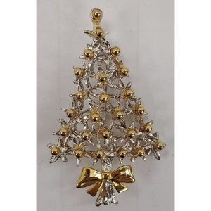 Christmas Tree Pin Silvertone with Goldtone Accents 2 1/2" x 1 5/8"  ©AA1